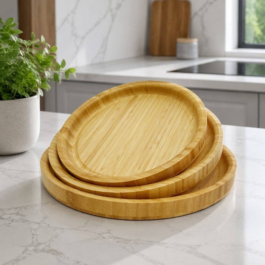 3-Piece Round Bamboo Serving Tray Set - Image 3