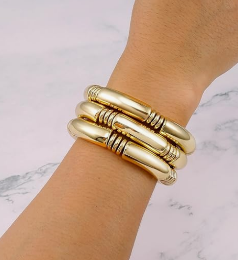 Chunky Gold-Tone Bamboo Bangle Bracelet Set - Image 3